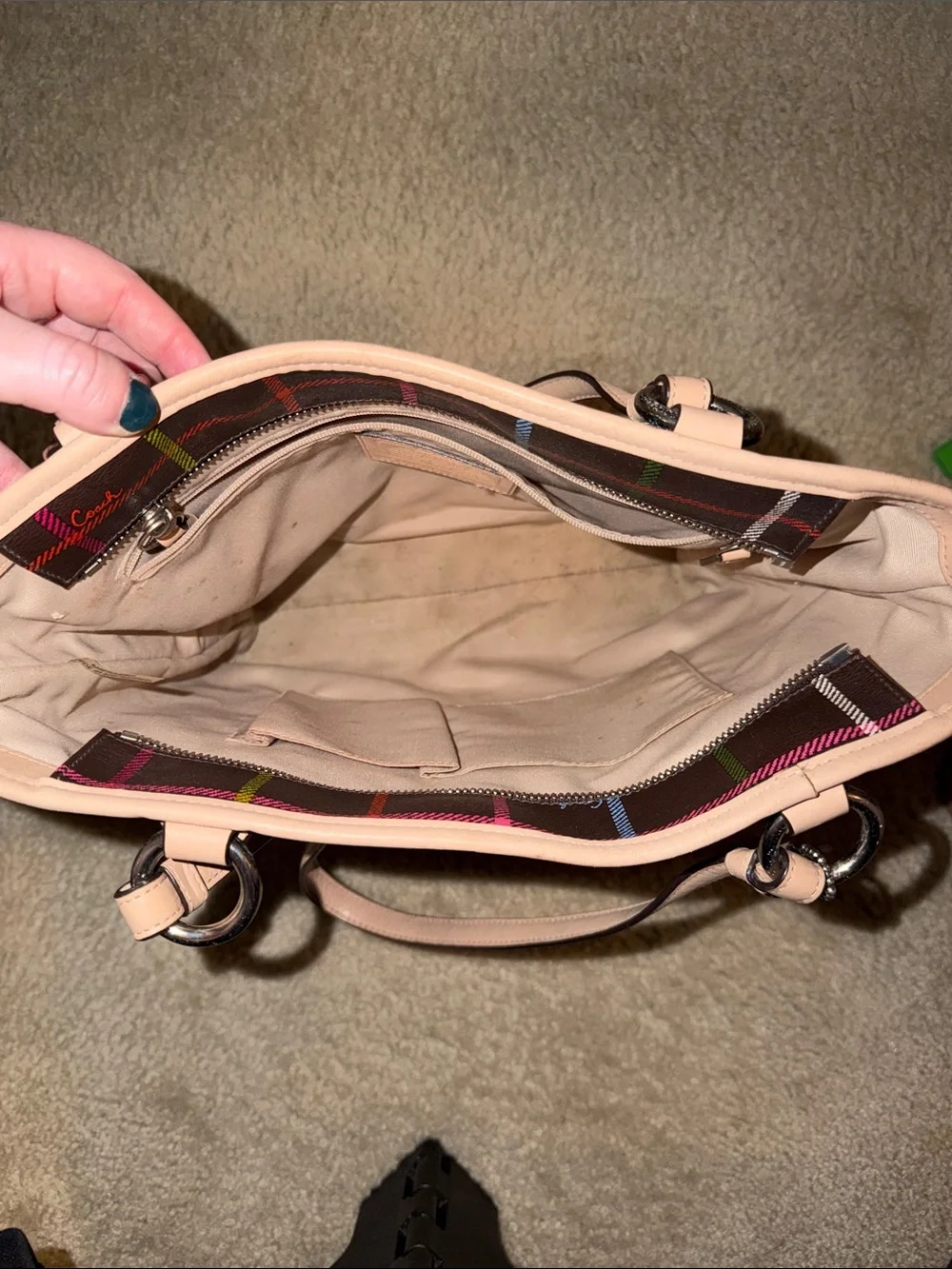 Coach Brown Plaid Tote with Pink Trim and Multicolor Lines